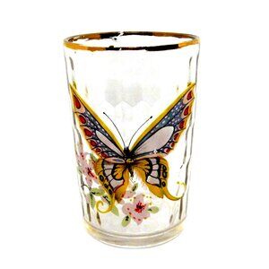 Rare Vintage Clear Glass Tumbler with Gold Rim & Colorful Butterfly Design